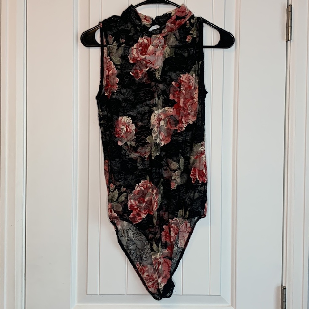 Lace Black and Pink Floral Bodysuit Size M